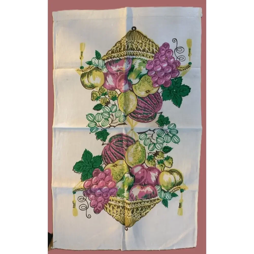 Vintage 50s 60s Kitchen Tea Towel with Antique Glass Designs NEW Unused